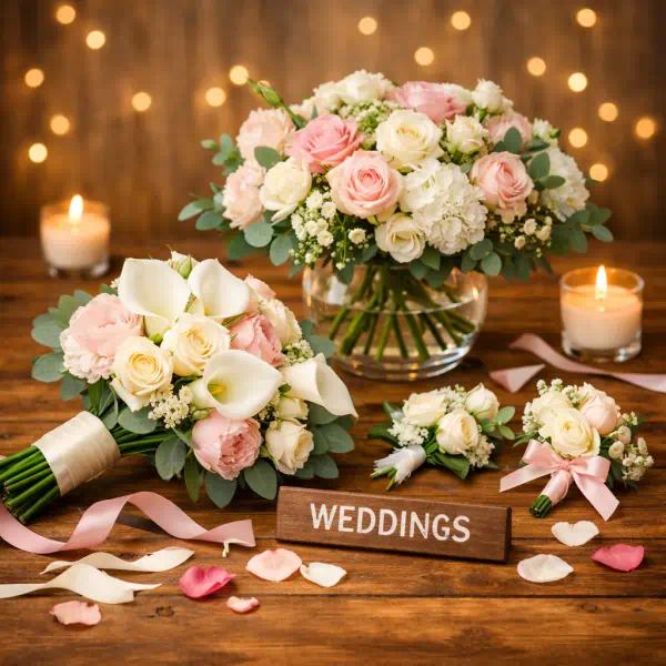 Hannah Burnett Award Winning Plymouth Florist product category Weddings soft pastel bouquet,corsage,buttonhole and table arrangement