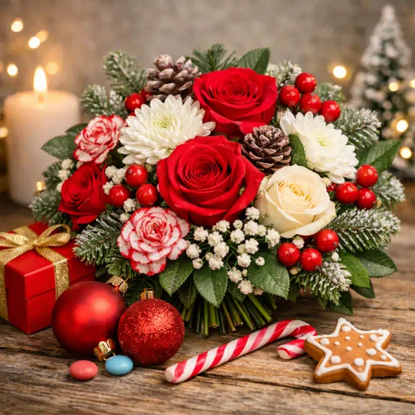 Hannah Burnett Award Winning Plymouth Florist product category christmas with bold reds, whites and foliage