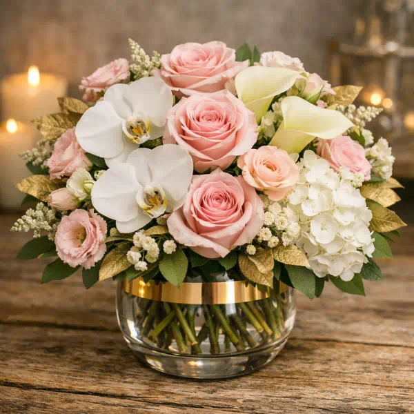 Hannah Burnett Award Winning Plymouth Florist product category deluxe range with pinks,ivory,peach and white flowers and foliage