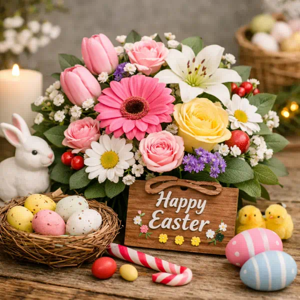Hannah Burnett Award Winning Plymouth Florist product category easter with pinks,yellow, peach and purple flowers and foliage