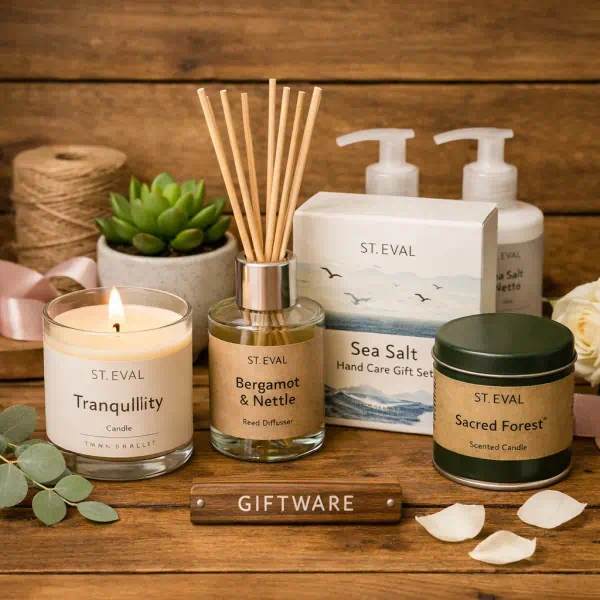 Hannah Burnett Award Winning Plymouth Florist product category giftware with candles, diffusers and hand care sets