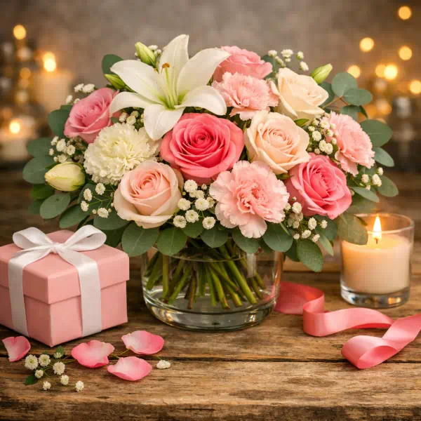 Hannah Burnett Award Winning Plymouth Florist product category mothers day with pinks, creams,whites and foliage